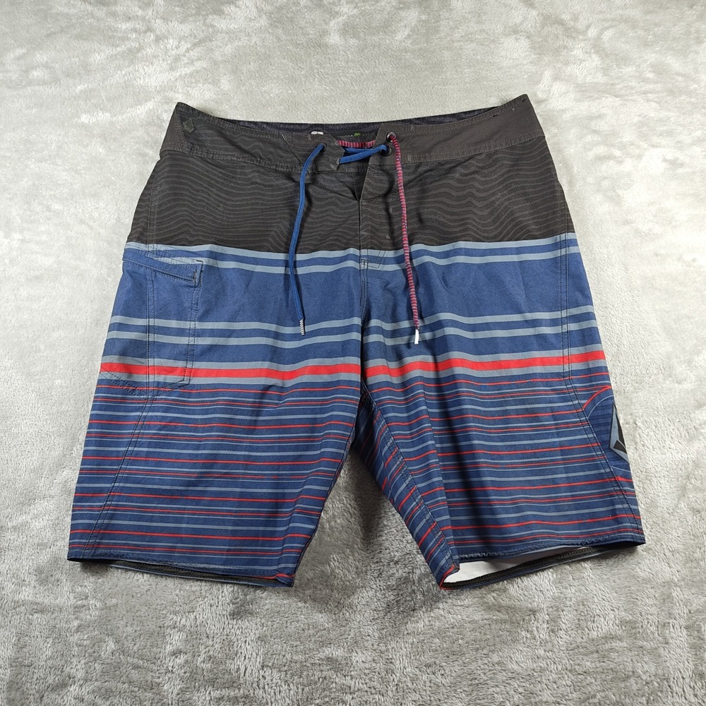 Volcom Board Shorts Mens 34 Blue Mod Tech Striped Repreve Recycled Surf Trunks